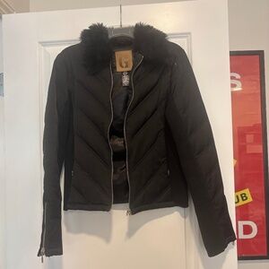G Brand Black Puffy Jacket with Faux Fur Rimmed Hood